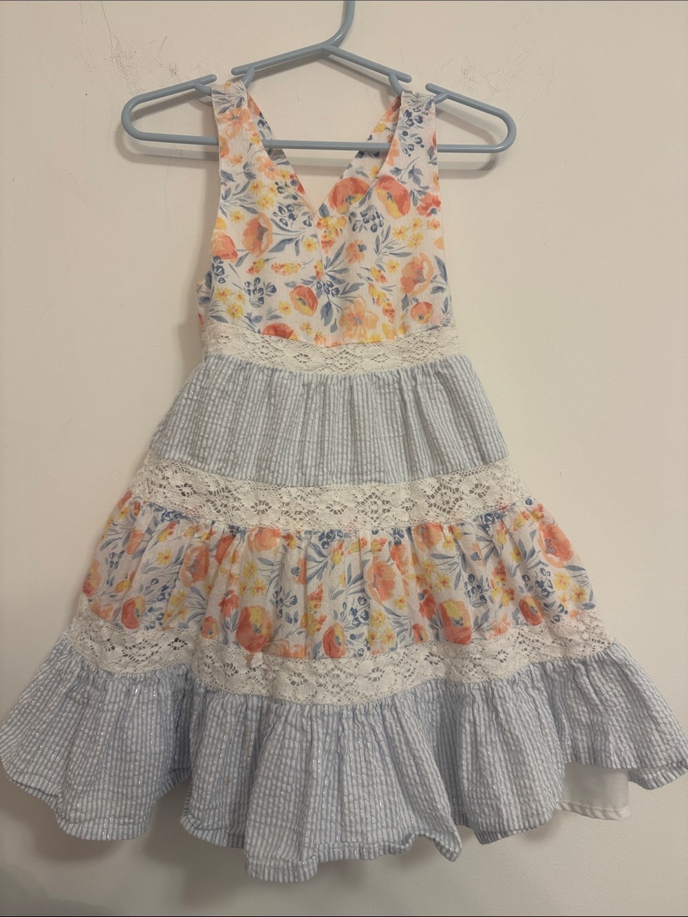 Girls Floral & Blue Stripe Tiered Sundress